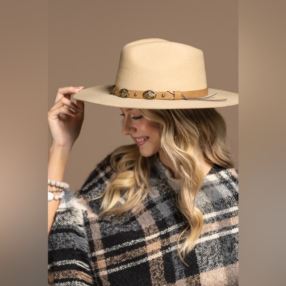 Western Inspired Wool Panama Semi Hard Brim Hat with Leather Trim Concho Detail main image 7